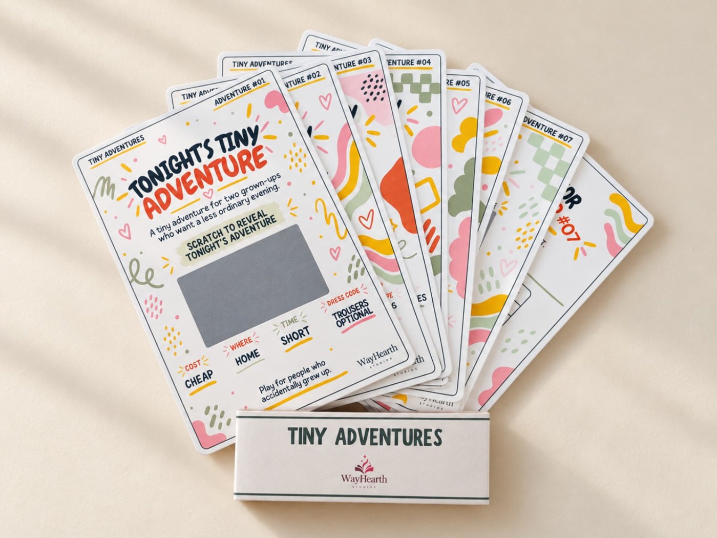 Real Tiny Adventures pack: seven numbered scratch-off cards, scorecard and belly band